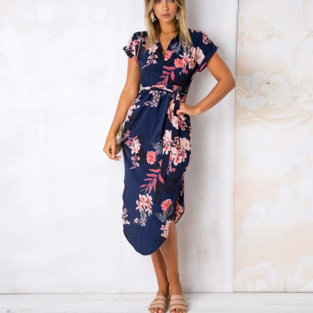 Navy Floral Summer Dress Boho Style